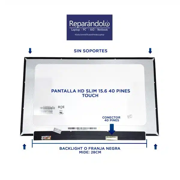 Pantalla táctil 15.6 pulgadas HD, 40 pines, modelo NT156WHM-T03, compatible con HP, Dell, Lenovo y Acer."
