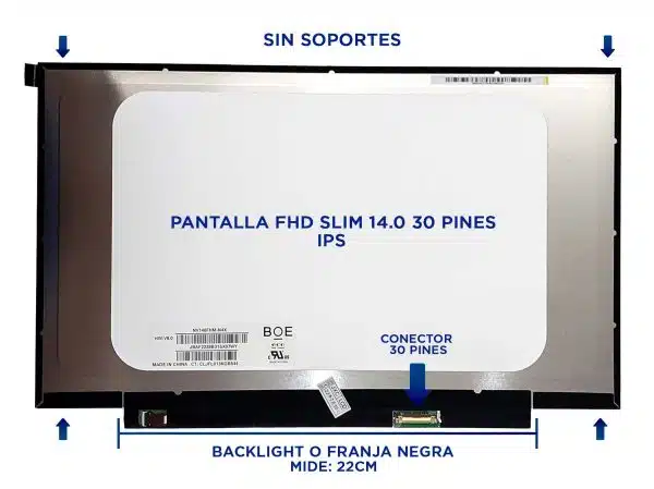 Pantalla 14 pulgadas FHD, 30 pines, formato Slim, sin soportes, tecnología IPS, compatible con laptops Lenovo, Dell, HP y Acer