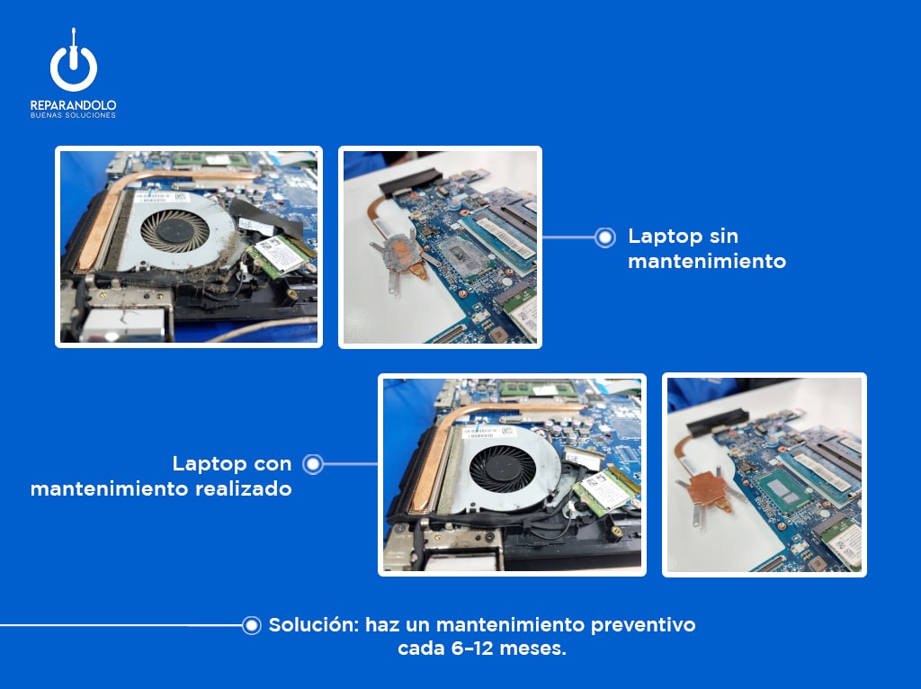 Ventilador de laptop con polvo acumulado que provoca sobrecalentamiento y bajo rendimiento del procesador