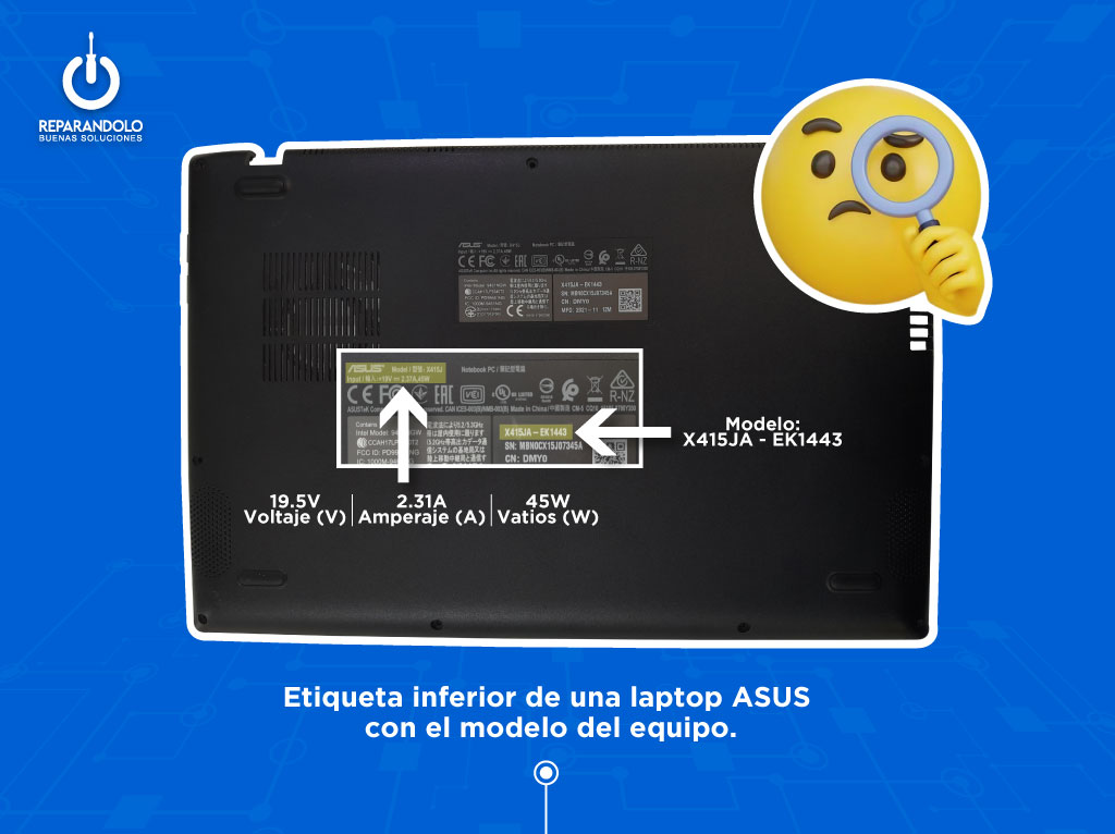 Ubicación de la etiqueta con el modelo de una laptop ASUS