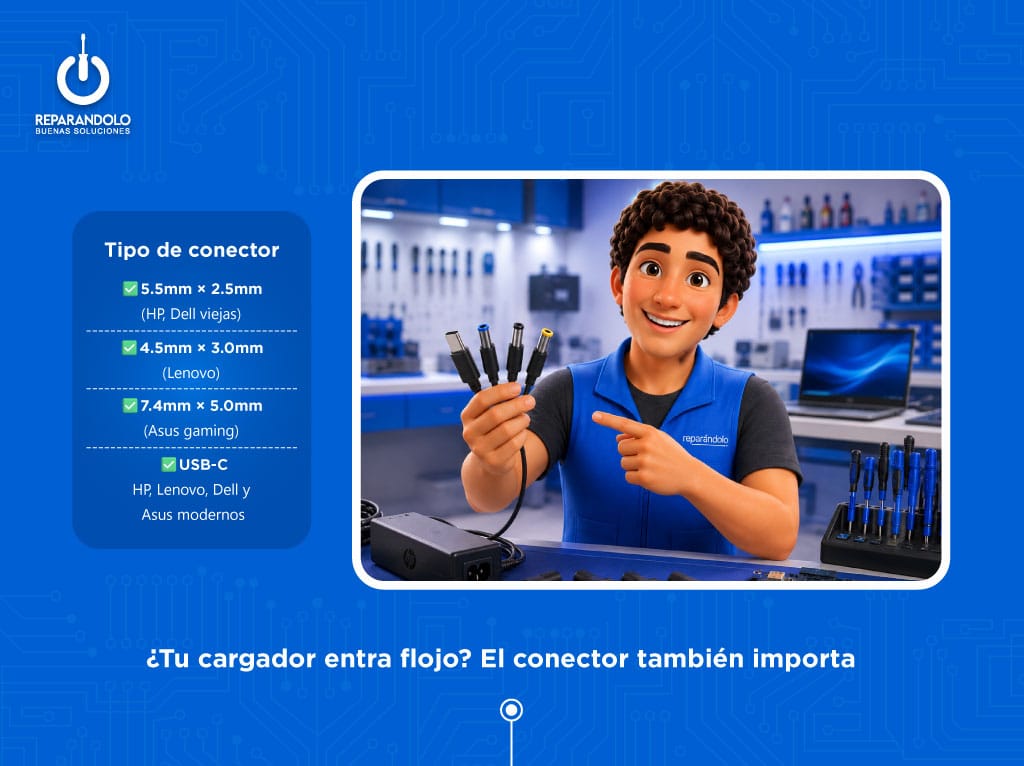 Conector y símbolo de polaridad de un cargador para laptop