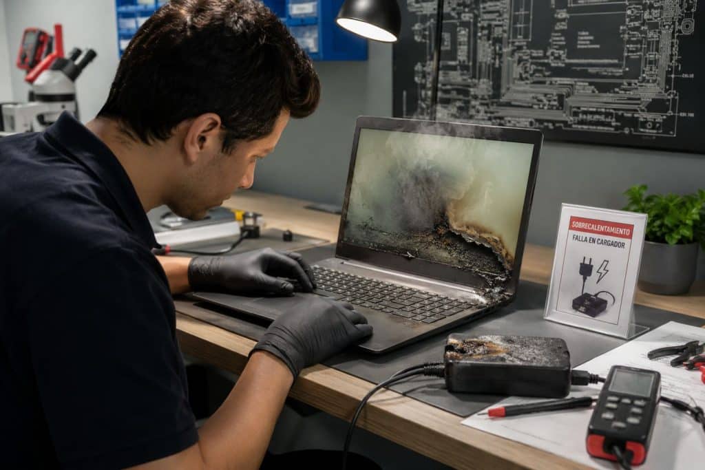 Cargador defectuoso que puede causar fallas en una laptop