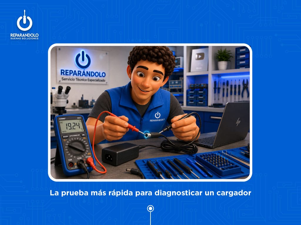 Medición profesional del voltaje de un cargador de laptop con multímetro