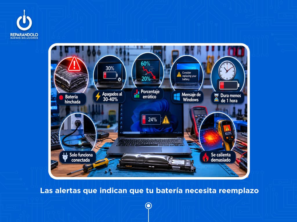 Señales de una batería de laptop dañada o hinchada
