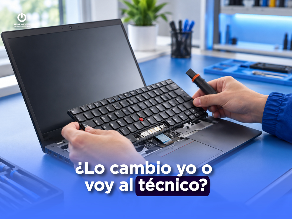 Técnico evaluando si conviene cambiar el teclado de una laptop en casa o llevarla a reparación