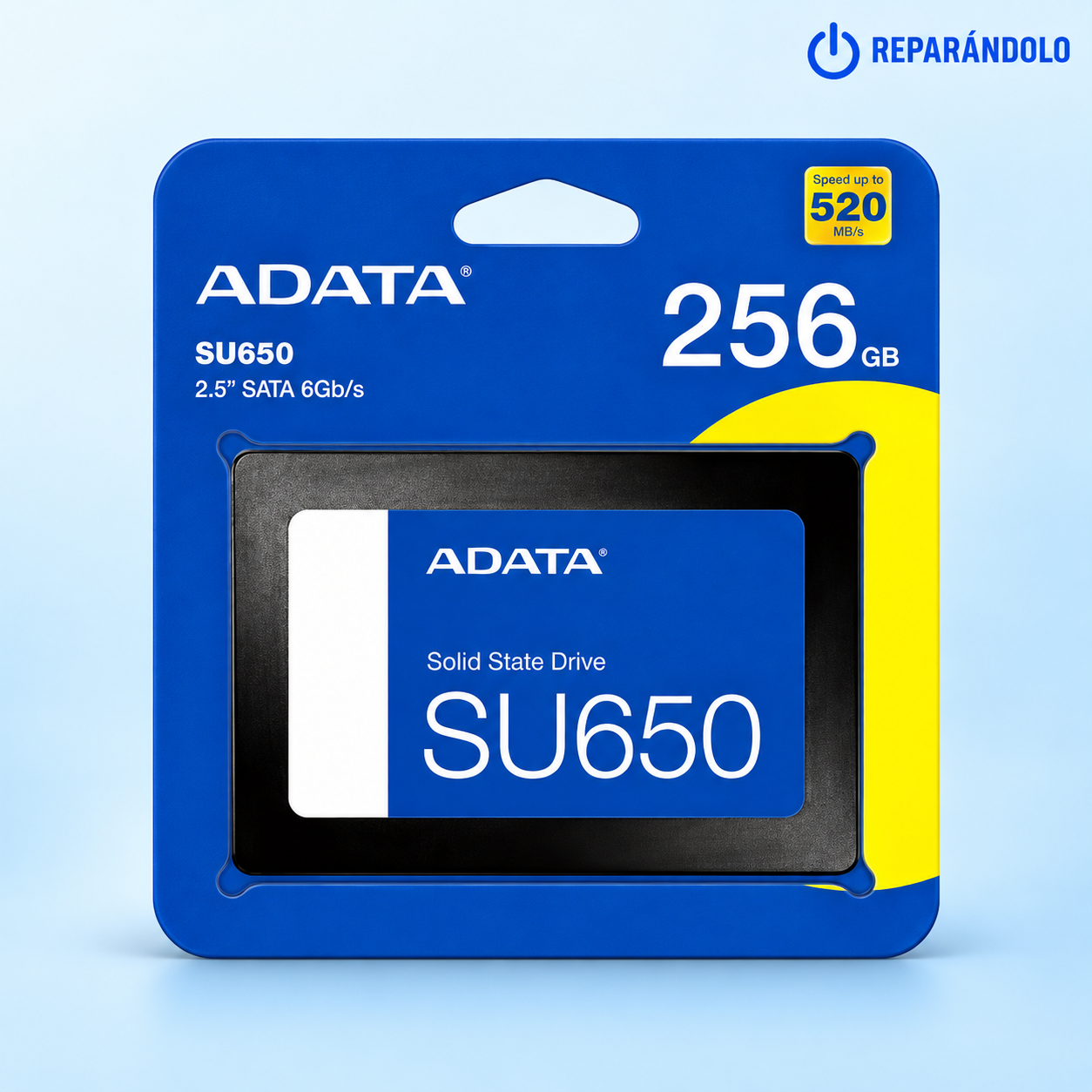 SSD ADATA Ultimate SU650 256 GB SATA 2.5 pulgadas con fondo celeste de Reparándolo