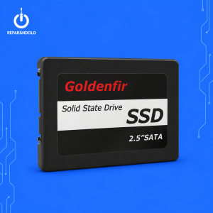 SSD Goldenfir 128 GB SATA 2.5 pulgadas con fondo azul de Reparándolo